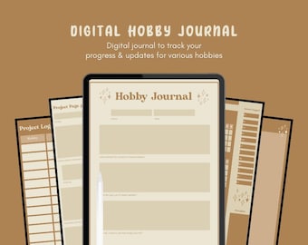 Könnte beinhalten: Eine digitale Journal-Vorlage zum Verfolgen von Hobbys. Die Vorlage hat einen beigefarbenen Hintergrund mit braunem Text und einen Abschnitt mit der Bezeichnung "Hobby Journal".