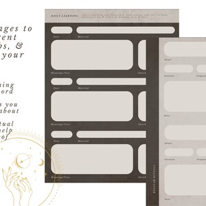 K&ouml;nnte beinhalten: Zwei druckbare Seiten f&uuml;r ein t&auml;gliches Lern- und regelm&auml;&szlig;iges Ritualtagebuch. Die Seiten sind beige mit schwarzem Text und haben Abschnitte f&uuml;r Datum, Material, Beschreibung, H&auml;ufigkeit und Nachverfolgung. Der Text auf der linken Seite lautet "T&auml;gliches Lernen" und der Text auf der rechten Seite lautet "Regelm&auml;&szlig;ige Rituale".