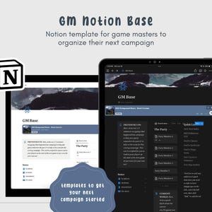 Puede incluir: Una captura de pantalla de una página de Notion titulada "GM Base" con un fondo oscuro y texto blanco. La página está dividida en secciones, incluyendo "Anteriormente", "La fiesta" y "Enlaces rápidos". La página está diseñada para ayudar a los maestros de juego a organizar su próxima campaña.