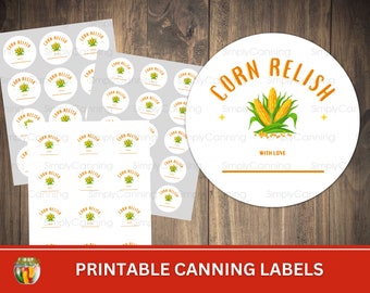 Corn Relish Printable Canning Jar Labels: Round Mason Jar Lid Stickers (Digital Download)