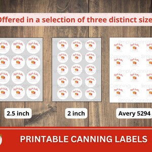 May include: Printable canning labels in three sizes: 6.35 cm, 5.08 cm, and Avery 5294. Each label features the text "Apple Butter" with a graphic of a jar and apple. The labels are on a white background.