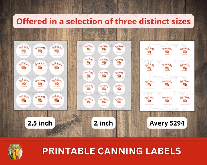 May include: Printable canning labels in three sizes: 6.35 cm, 5.08 cm, and Avery 5294. Each label features the text "Apple Butter" with a graphic of a jar and apple. The labels are on a white background.