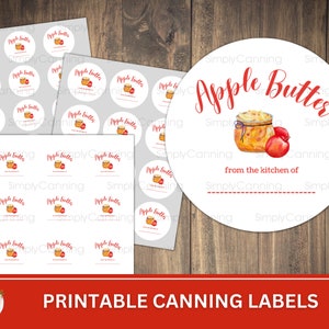 May include: Printable canning labels with a watercolour illustration of apple butter in a jar and red apples. The labels are round and rectangular, with the text "Apple Butter" and "from the kitchen of".