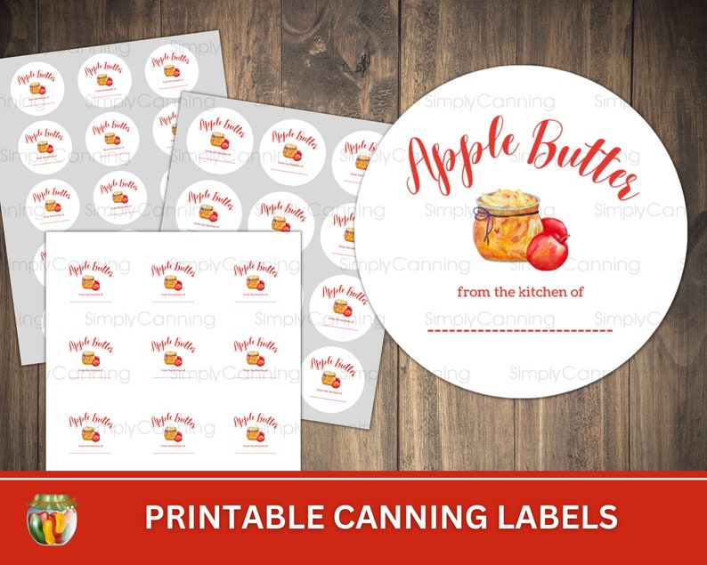 May include: Printable canning labels with a watercolour illustration of apple butter in a jar and red apples. The labels are round and rectangular, with the text "Apple Butter" and "from the kitchen of".