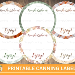 May include: Printable canning labels with a fall theme. The labels feature different patterns in orange, green, and brown with the text "From the Kitchen of: Simply Canning" and "Enjoy!"