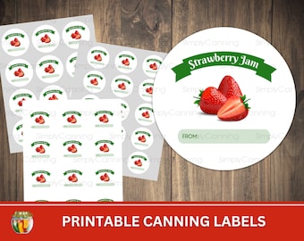 Strawberry Jam Printable Canning Labels: Round Mason Jar Lid Stickers (PDF)