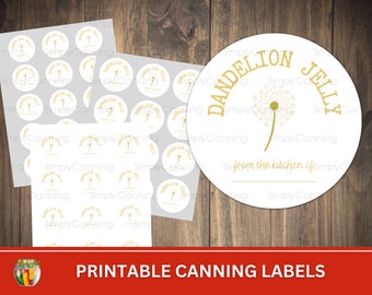 Dandelion Jelly Printable canning jar labels, Round labels for canning jar lids or mason jar sides.  Use as canning gift tags.