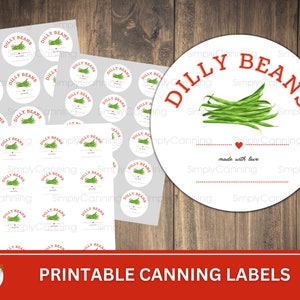 Dilly Beans Printable canning jar labels, Round labels for canning jar lids or mason jar sides.  Use as canning gift tags.