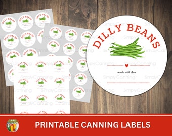 Dilly Beans Printable canning jar labels, Round labels for canning jar lids or mason jar sides.  Use as canning gift tags.