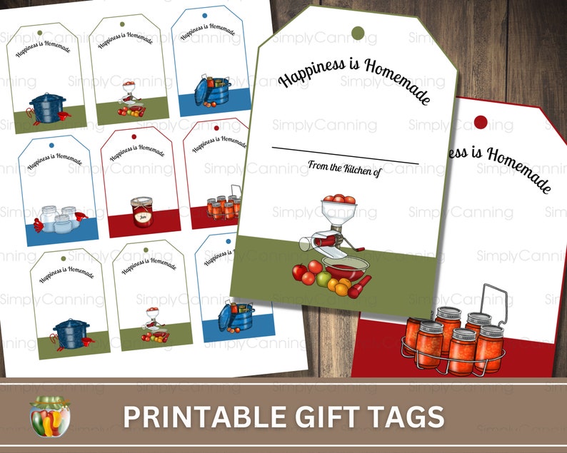Happiness is Homemade Printable gift tags labels, Canning tools design with bright cheery design. Canning gift tags. image 1