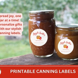 May include: Two glass jars of apple butter with labels. The labels say "Apple Butter" with a jar and apple graphic. The image text reads: "Spread joy, one jar at a time! Personalise gifts with our stylish canning labels."