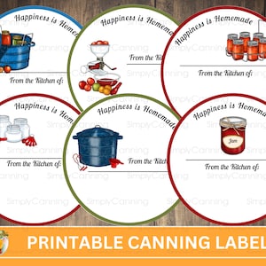 Printable canning jar labels, 2.5 inch round jar labels, Canning tools design, Place on jar lids or mason jar sides.  Canning gift tags.