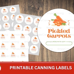 Pickled Carrots Printable canning jar labels, Round labels for canning jar lids or mason jar sides.  Use as canning gift tags.