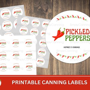 Pickled Peppers Printable canning jar labels, Round labels for canning jar lids or mason jar sides.  Use as canning gift tags.