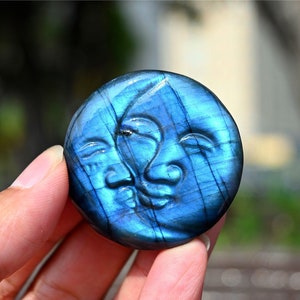 1.6&#39;&#39; Natural Hand carved Labradorite Sun and moon，Quartz crystal carved ，Crystal gift，Crystal ornament，Healing Sun and moon carved