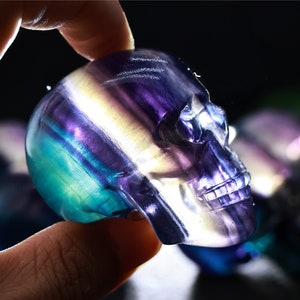 Hand Carved Rainbow Fluorite Crystal Skull - 2&#39;&#39; Healing Stone