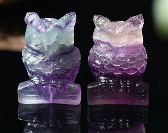 2" Natural Hand Carved Rainbow fluorite Owl，crystal owl，Quartz Crystal，crystal skull healing