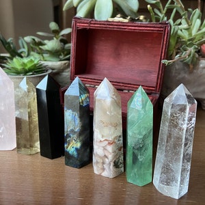 Natural crystal obelisk Stones GiftCrystal obeliskChristmas giftHalloween giftSeven Chakra Gift SetWooden box giftcrystal healing image 3