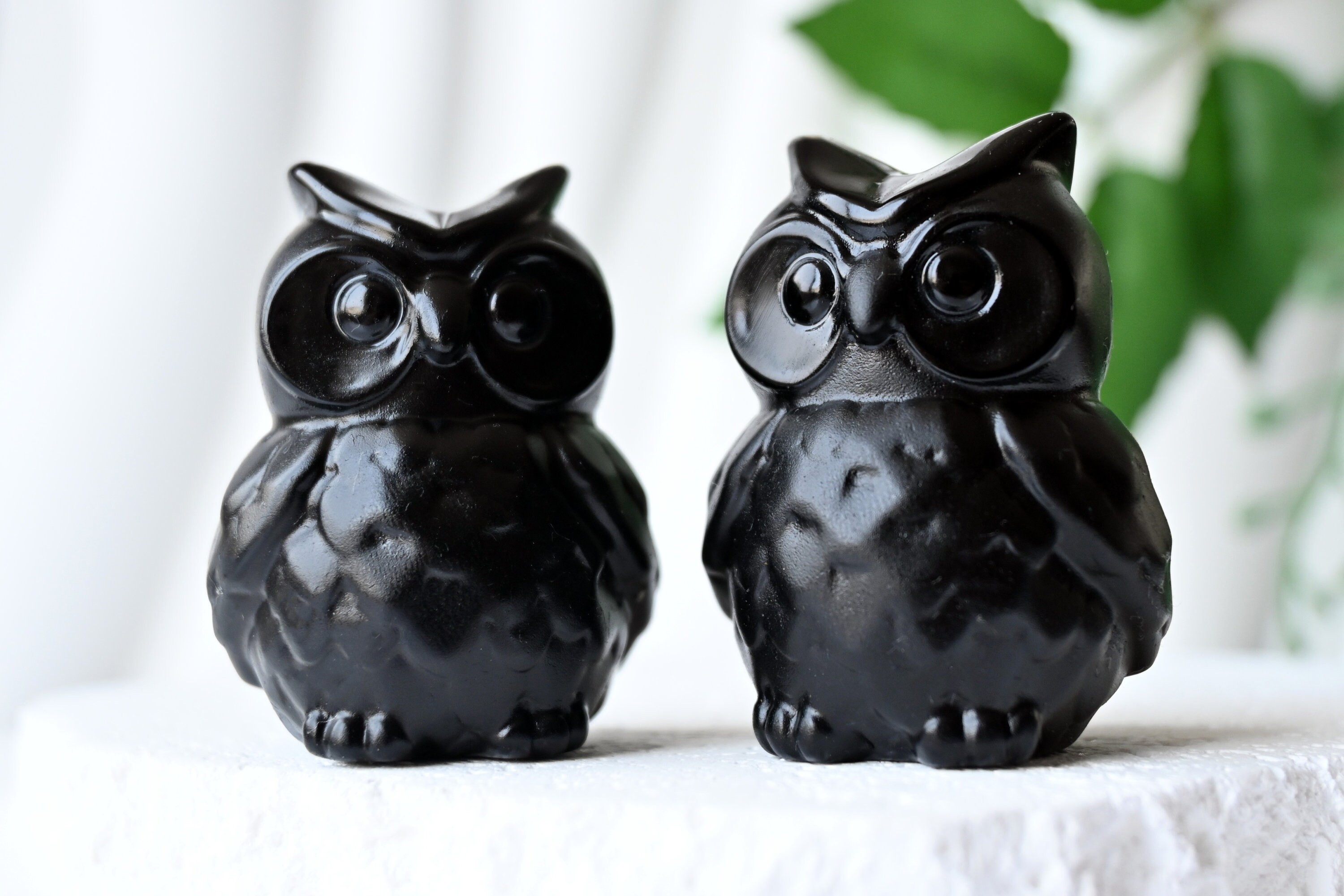 2インチ天然手彫り黒曜石フクロウ、クリスタルフクロウ、クリスタル