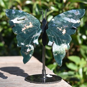 3.2&#39;&#39; A pair Natural Moss agate Butterfly Wing，Christmas present，Quartz crystal，Crystal Wing，Reiki Healing  + free stand 1PC