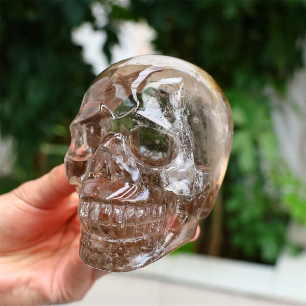 2.37LB Natural Smokey Quartz Skull，Hollow out skull carved，Crystal ornament，Crystal gift，Crystal skull decor，Crystal healing SL-522