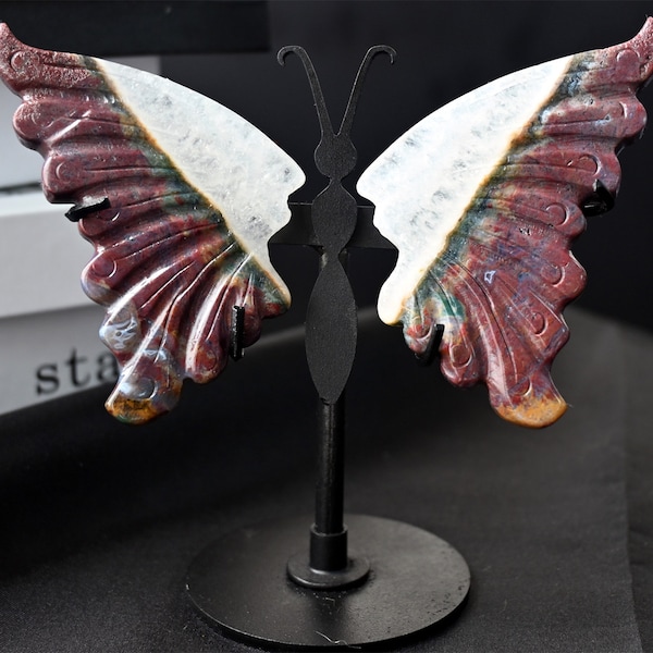 3.2'' A pair Natural Hand-carved Ocean jasper Butterfly Wing，Birthday present，Gift，quartz crystal，crystal Wing，Reiki Healing  + free stand