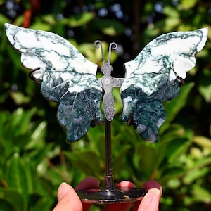 3.2&#39;&#39; A pair Natural Moss agate Butterfly Wing，Christmas present，Quartz crystal，Crystal Wing，Reiki Healing  + free stand 1PC