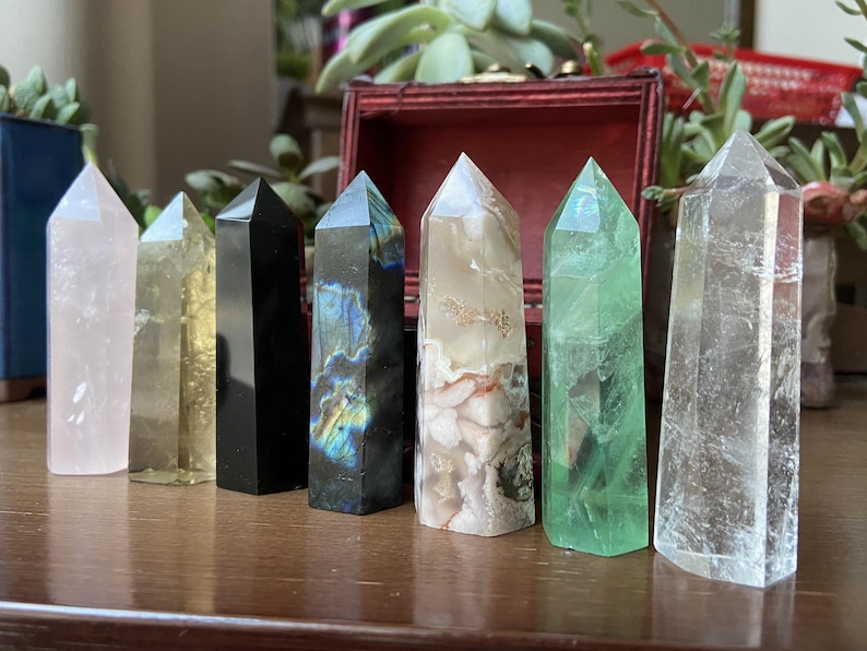 Natural crystal obelisk Stones GiftCrystal obeliskChristmas giftHalloween giftSeven Chakra Gift SetWooden box giftcrystal healing image 2