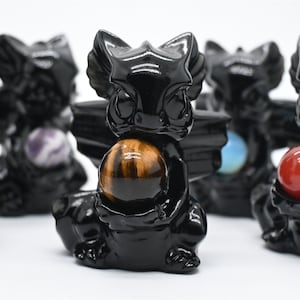 2.6&#39;&#39; Natural Hand carved Obsidian Dragon+Random Ball，Crystal Dragon，Christmas gift，Quartz Crystal，Crystal gift，Crystal Healing