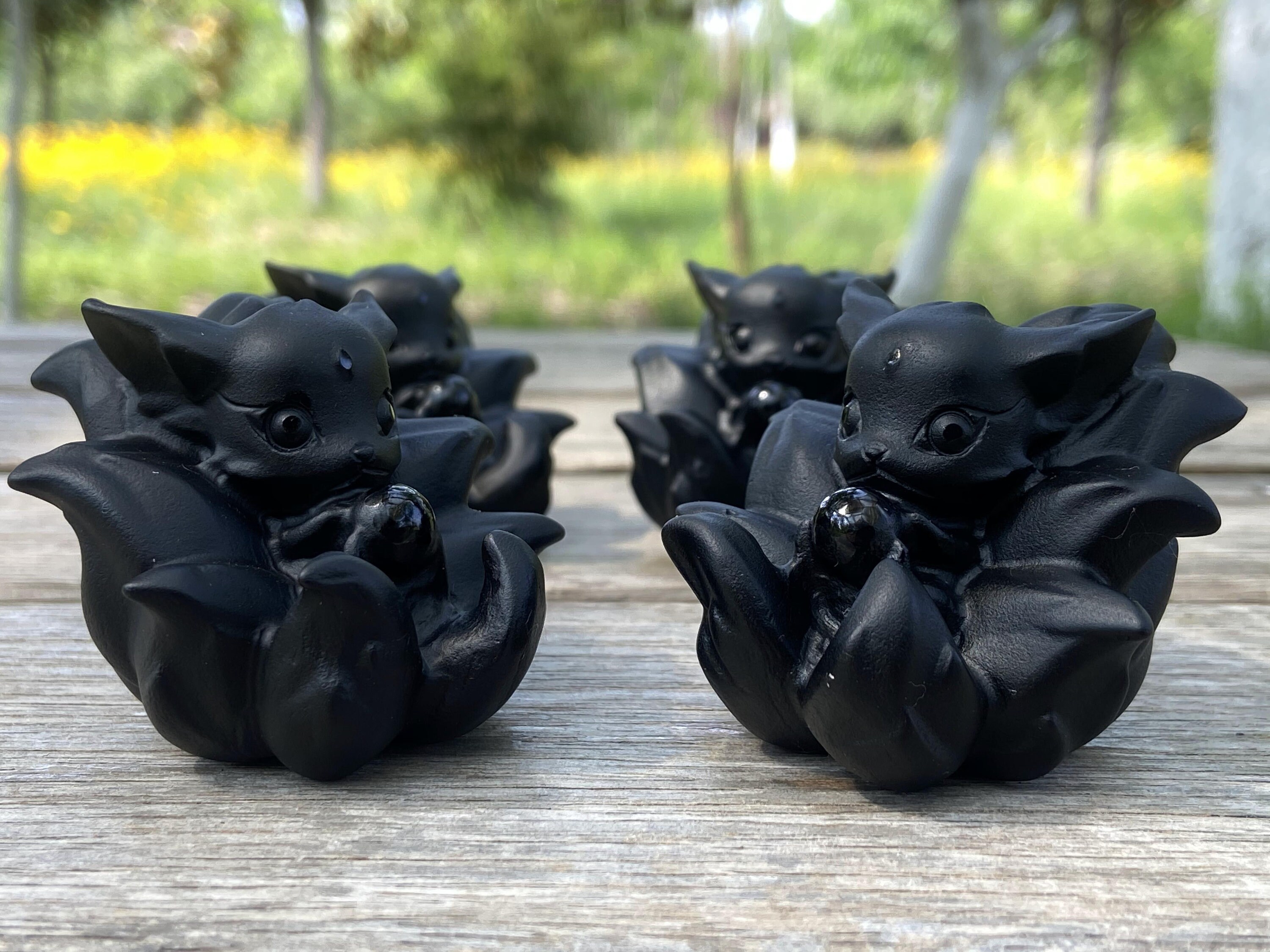 Black Obsidian Nine-Tailed Fox Statue - 2 Inch Healing Crystal Decor For Home & Office (Lucky Guardian Figurine)