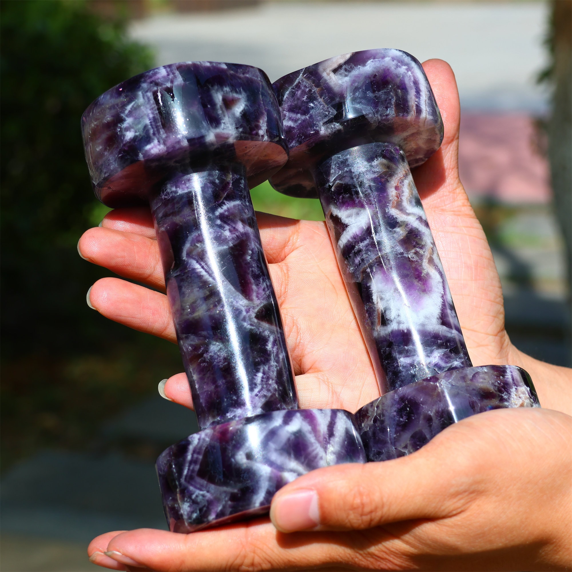 2PC Natural Hand carved Dream amethyst Dumbbell，Crystal carved，Quartz Crystal，Christmas present，Crystal ornament，Crystal Healing