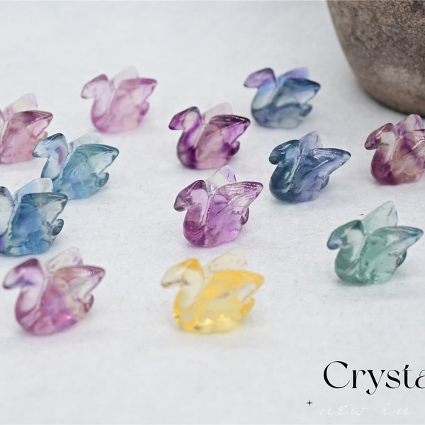 15mm Natural Hand carved Mini Fluorite Swan，Quartz Crystal carved，Crystal decor，Fluorite flower，Crystal ornament，Crystal healing