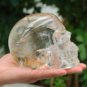 3.45LB Natural Clear Quartz Skull，Hollow out skull carved，Crystal ornament，Crystal gift，Crystal skull decor，Crystal healing SL-501