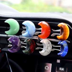 Crystal Car Vent Clip: Hand Carved Quartz Moon - Natural Stone
