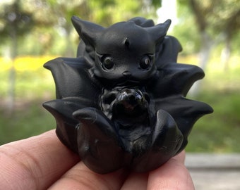 2&#39;&#39; Natural Hand carved Obsidian fox，Crystal FOX，Quartz Crystal，Mother&#39;s day gift，Crystal ornament，Crystal Healing