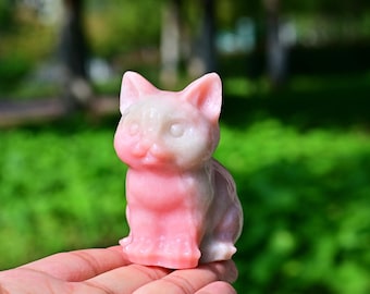 月に座るネコ　ピンクオパール置物　素敵な逸品 月に座るネコ ピンクオパール置物 素敵な逸品 2.6'' 天然ピンク