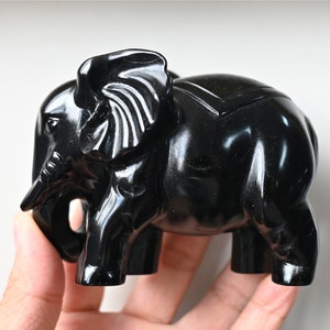 3.9&#39;&#39; Natural Hand Carved Obsidian elephant，Christmas gift，Crystal elephant，Birthday gift，Quartz Crystal，crystal skull，Crystal healing