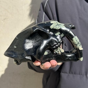 Hand Carved Peony Jasper Smilodon Skull: Crystal Healing Decor