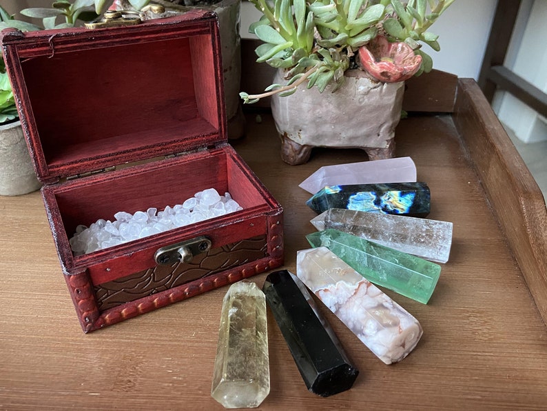 Natural crystal obelisk Stones GiftCrystal obeliskChristmas giftHalloween giftSeven Chakra Gift SetWooden box giftcrystal healing image 1