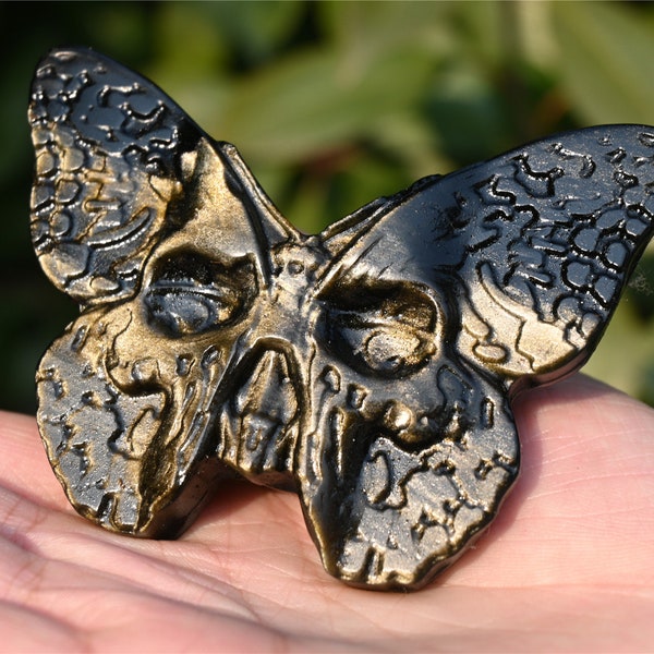 3 ''Crâne de papillon en obsidienne dorée sculptée à la main naturelle ， Papillon en cristal ， Cristal de quartz ， Cadeau en cristal ， Ornement en cristal ， Guérison en cristal