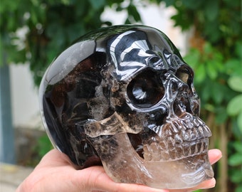 7.59LB Natural Smokey Quartz Skull，hollow Out Skull Carved