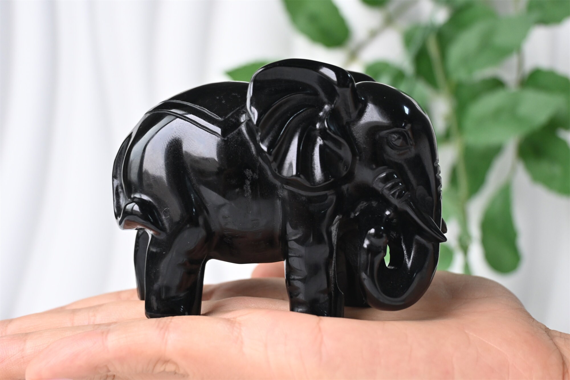3.9'' 天然彫刻黒曜石象、クリスマスプレゼント、クリスタル象、誕生日