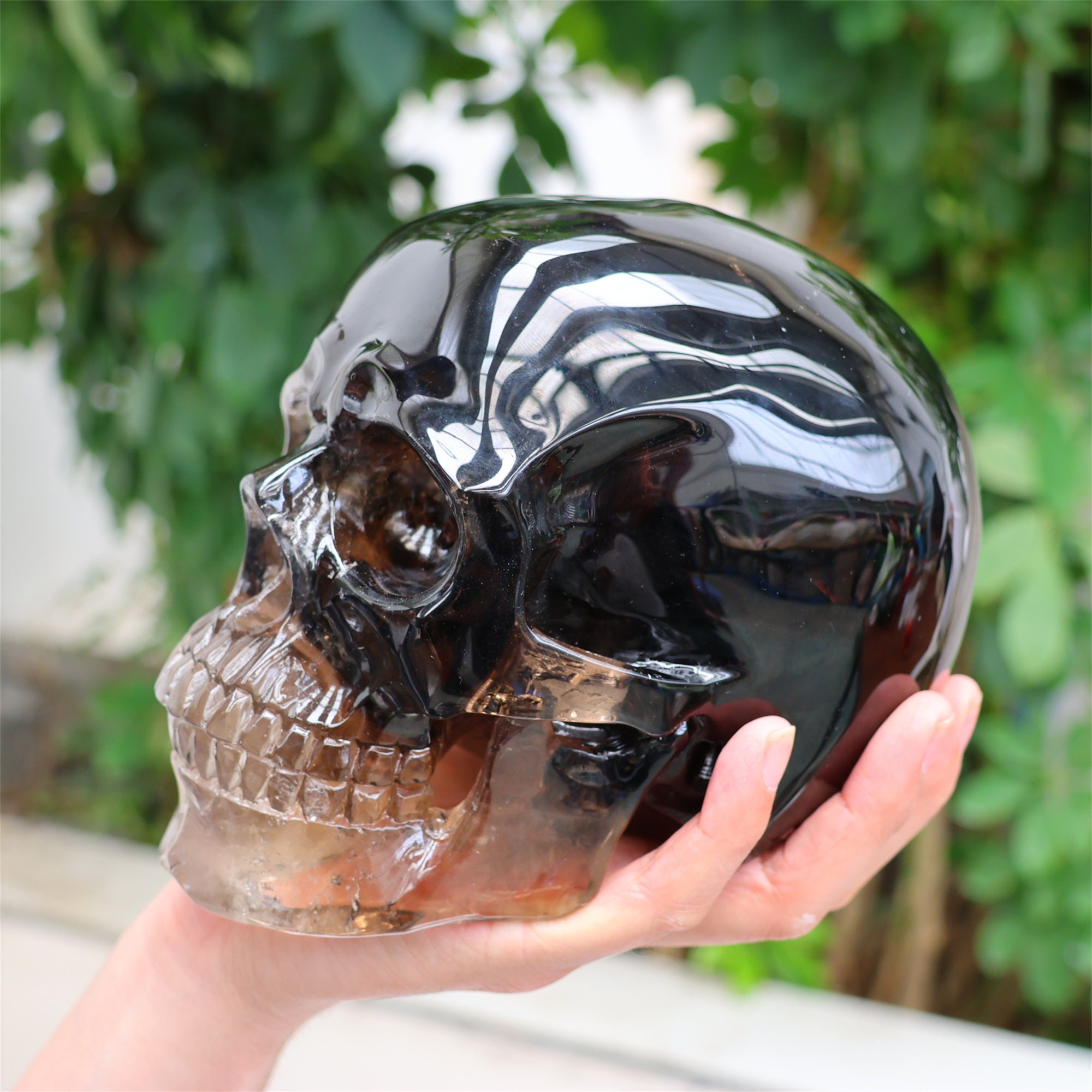 7.59LB Natural Smokey Quartz Skull，hollow Out Skull Carved