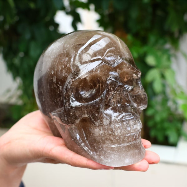 5.39LB Natural Smokey Quartz Skull，Hollow out skull carved，Crystal ornament，Crystal gift，Crystal skull decor，Crystal healing SL-521