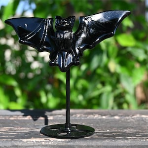 4.5&#39;&#39; Natural Obsidian Bat decor，Crystal Bat carved，Home decor，Halloween bat，Halloween gift，Crystal healing + stand