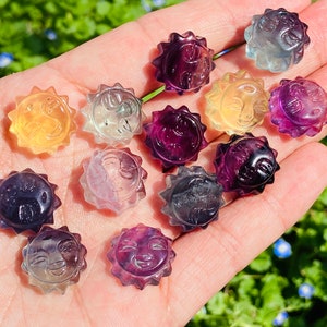 10PC Mini Natural Hand carved Fluorite Sun，Quartz Crystal carved，Crystal decor，Holiday present，Crystal ornament，Crystal healing