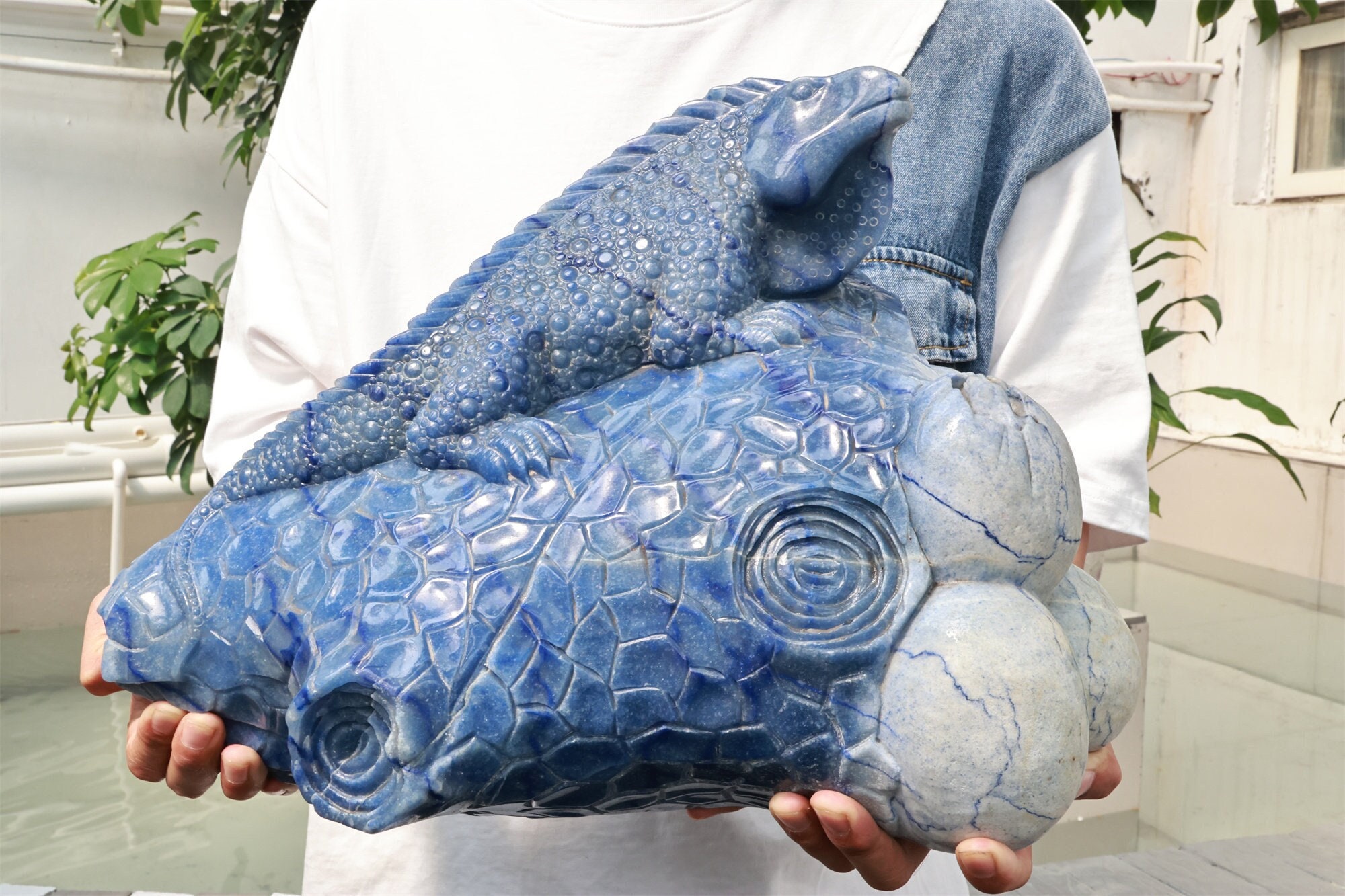 43.12LB Natural Carved Pierced Blue Aventurine Lizard