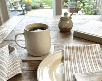 Linen Fabric Napkin Set – Mushroom Greige Stripes, Reversible Modern Farmhouse Decor