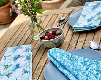 Hummingbird Watercolor Napkins Set of 4 | Two-Sided Cotton Table Linens | Modern Cottage Hostess Gift