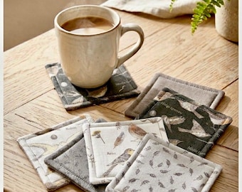 Fabric Bird Coasters Set of 4 |Absorbent Drink Coasters |Neutral Botanical Home Decor  Reversible Drink Mats |Housewarming Gift